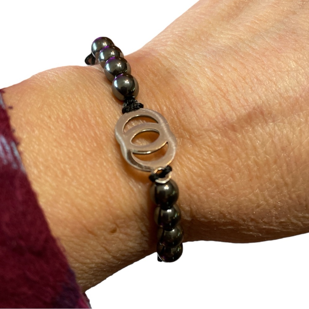 Bracelet /Anklet Stainless steel charm, gunmetal beads, black double pull string